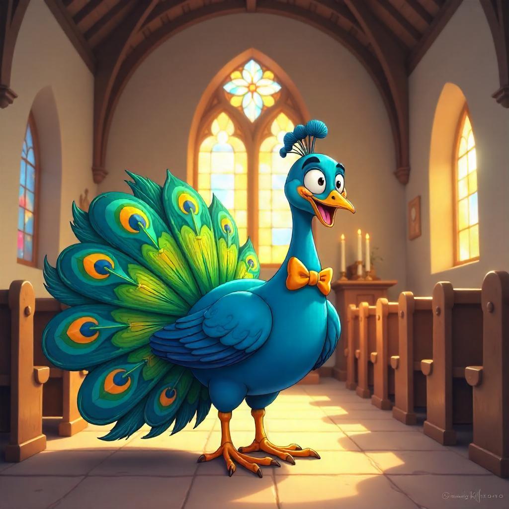 Cartoon Peacock in a Sacred Chapel