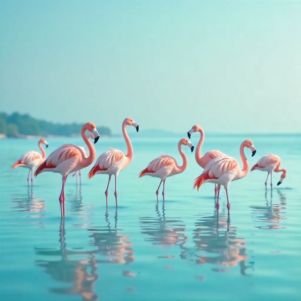 Flamingos in Serene Blue Reflections