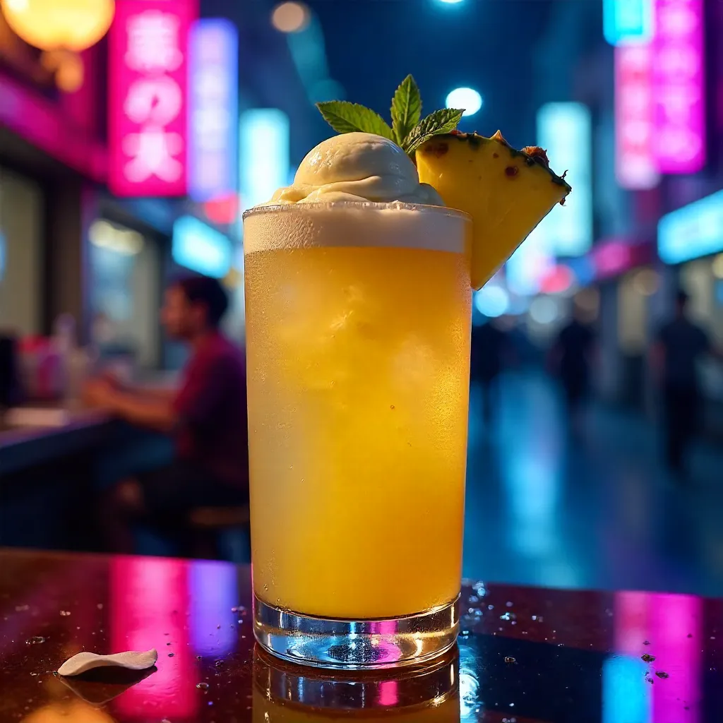 Chic Pineapple Mocktail in a Neon Tokyo Glass