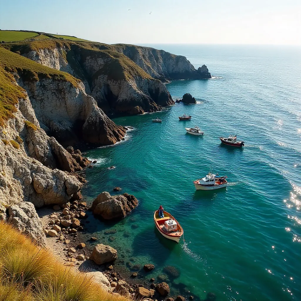Stunning Aerial View: Breton Boats on Rugged Coast