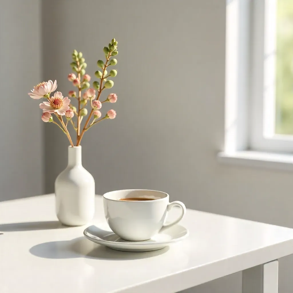 Minimalist Coffee Cup with Flowers on White Table