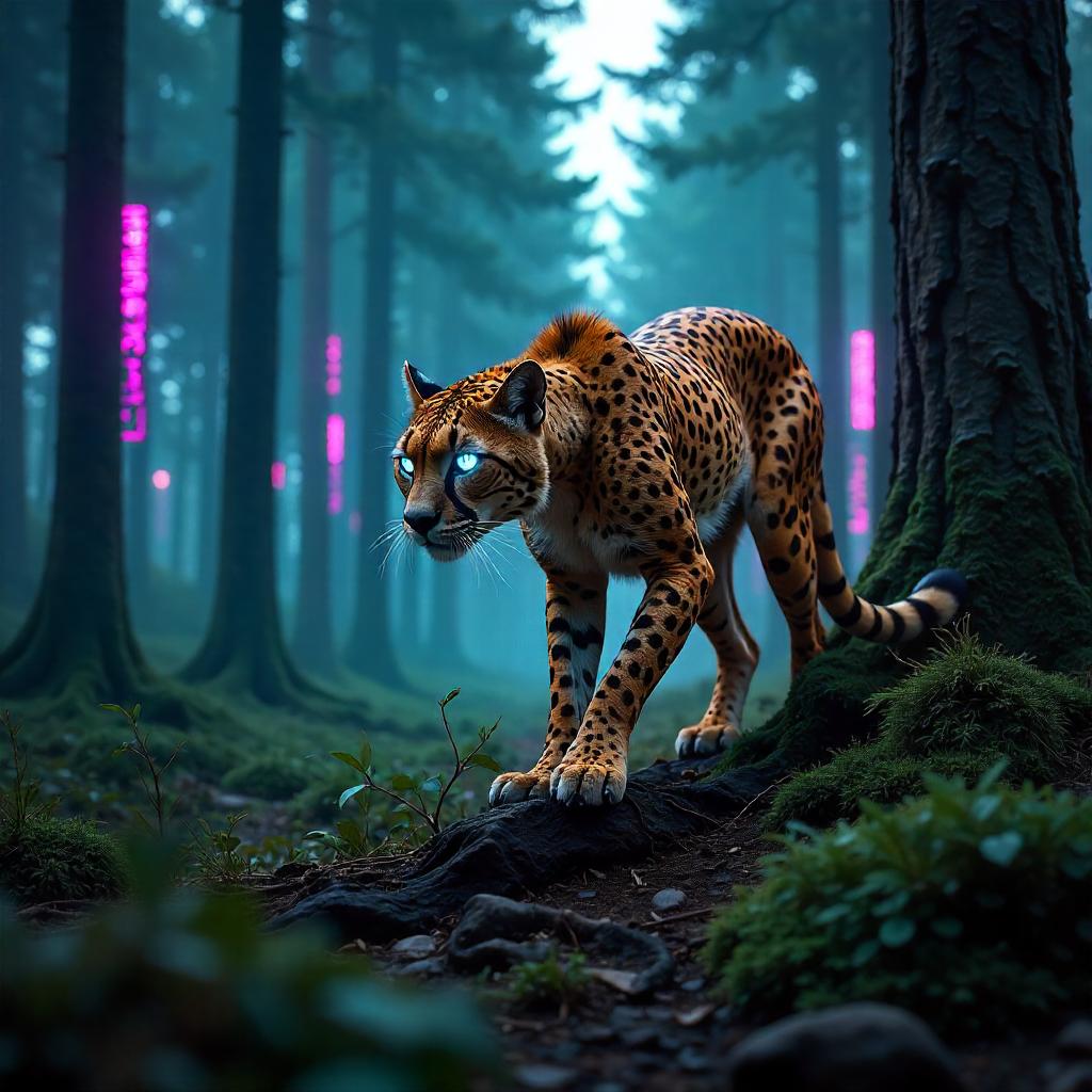 Neon-Coded Cheetah in a Pine Forest