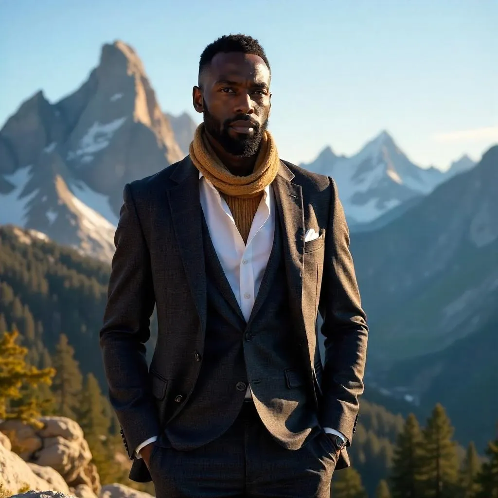 Elegant Black Man in Alpine Mountain Landscape