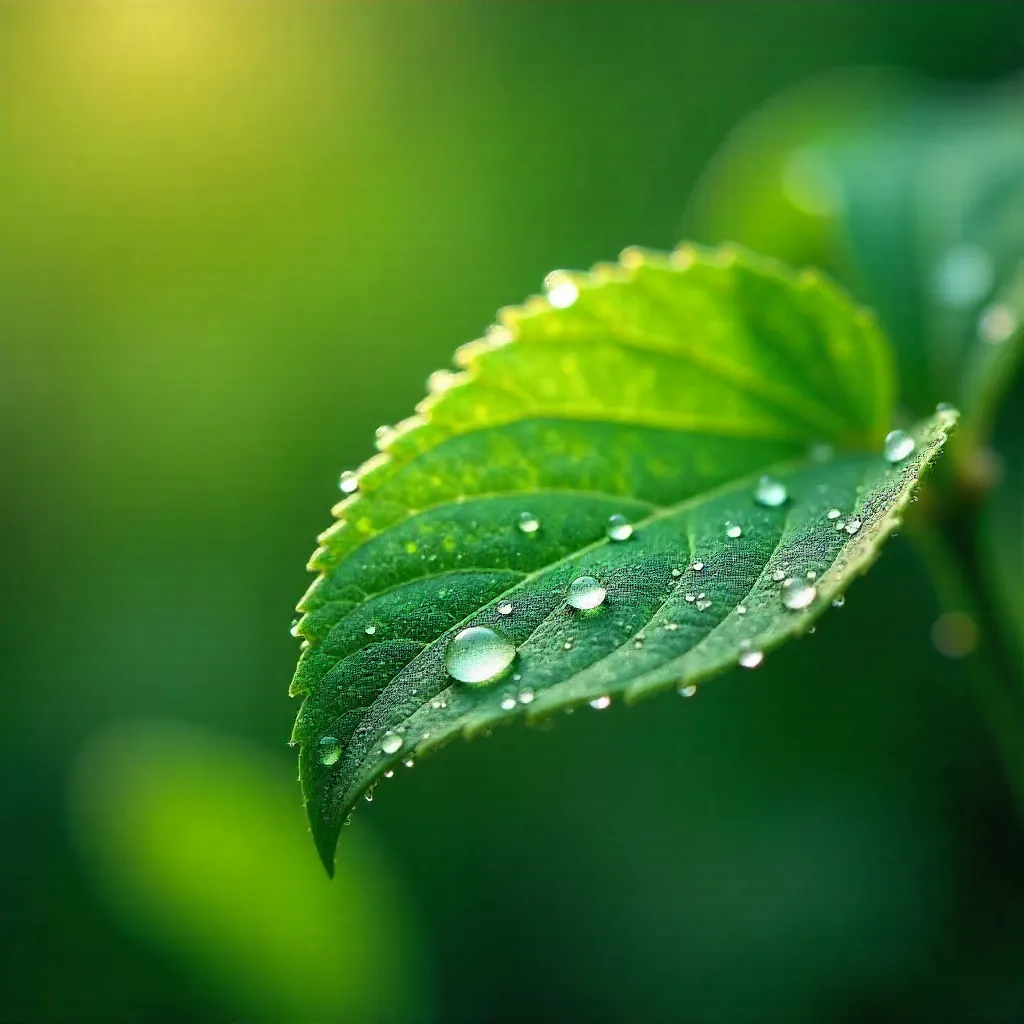 Dew-Kissed Green Leaves Macro Portrait