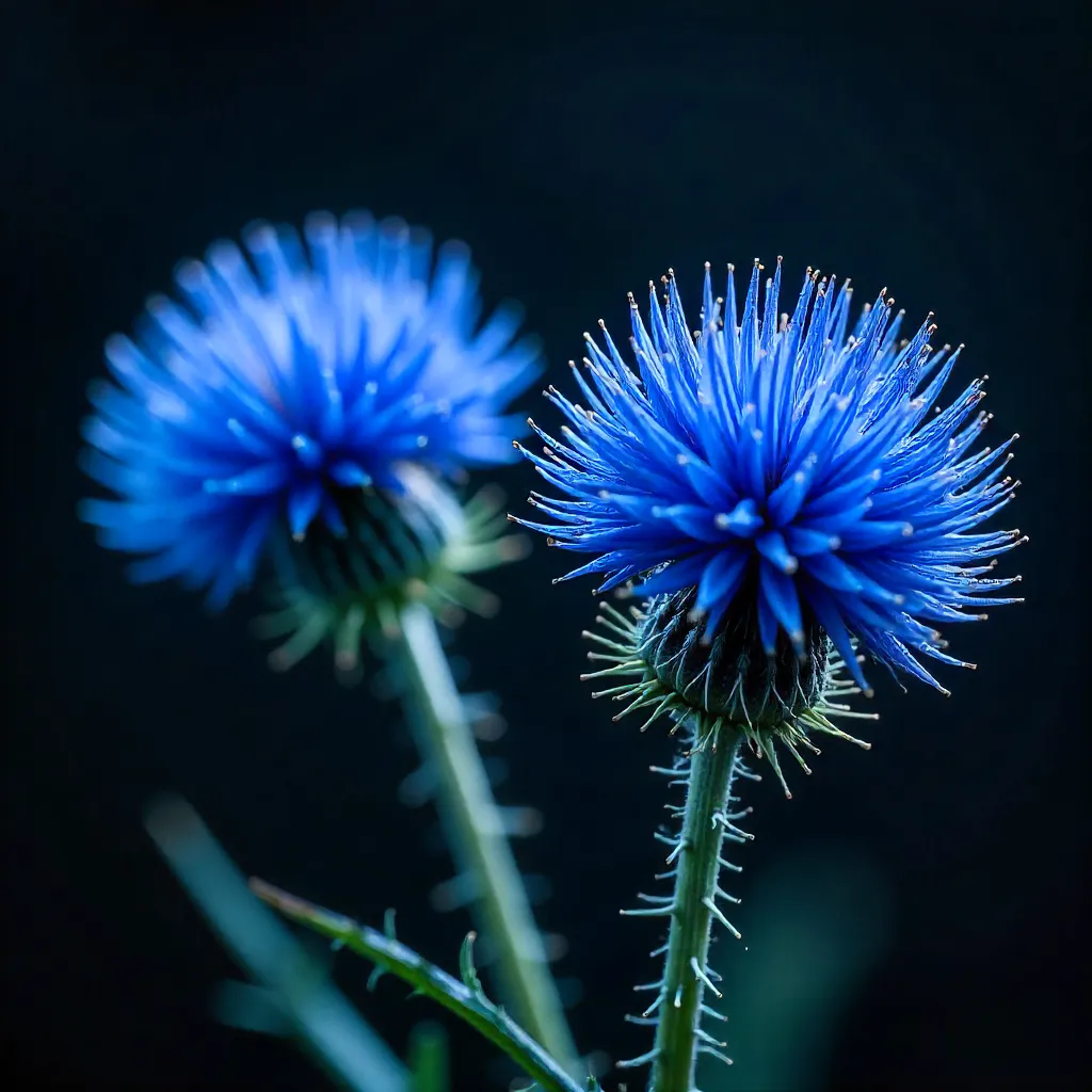 Macro Blue Globe Thistle in Dark Backdrop
