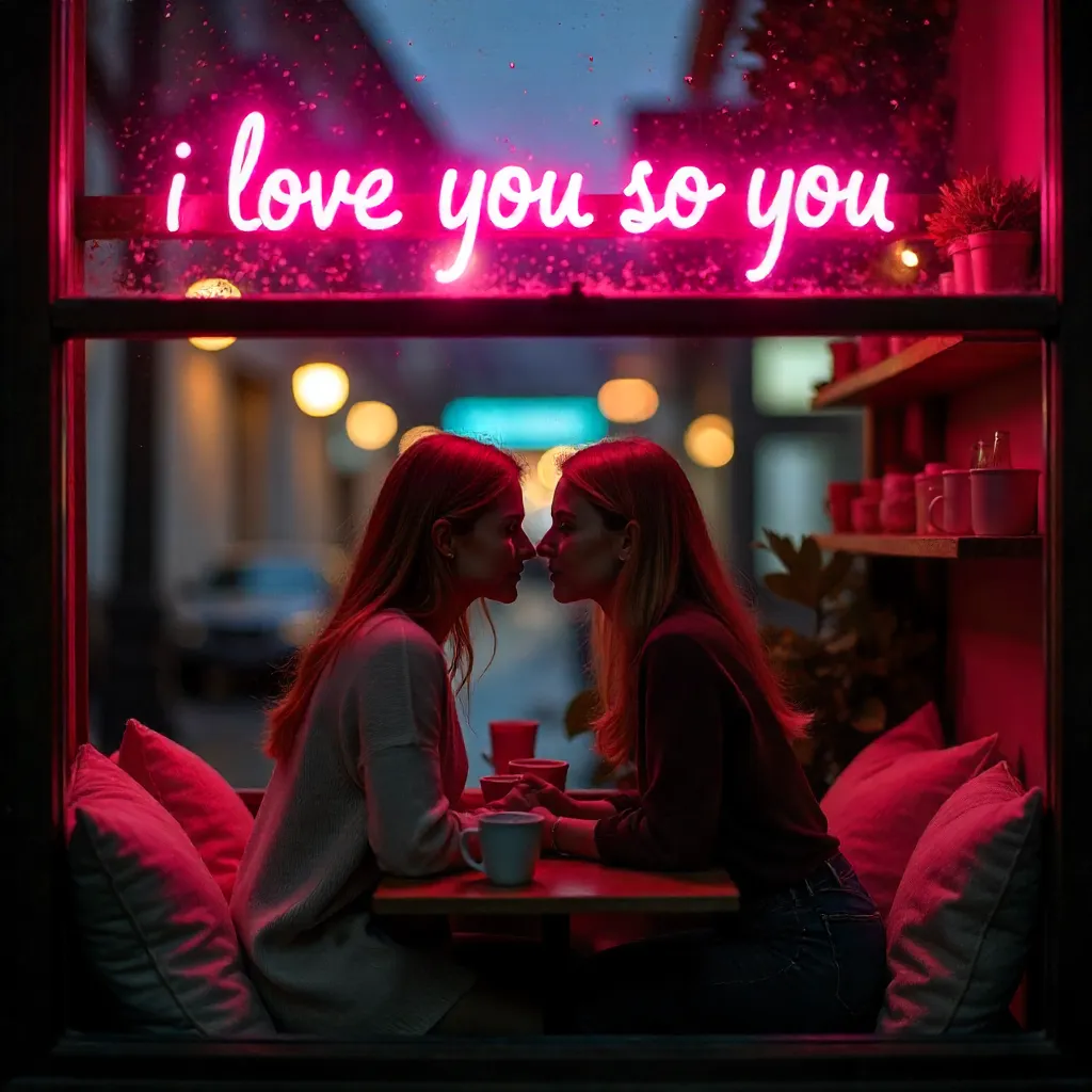 Neon Love Through a Cozy Café Window
