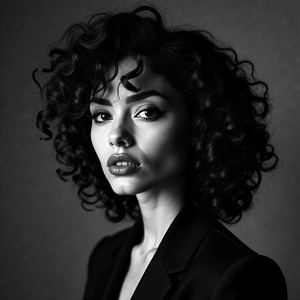 Confident Curly-Haired B&W Portrait