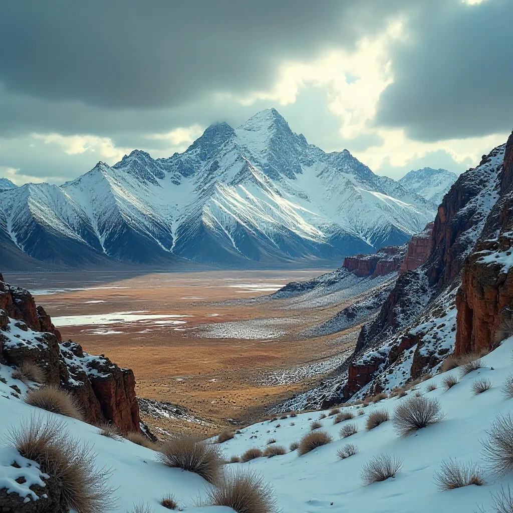 Snow-Capped Mountains Meet Arid Utah Desert Under Cloudy Skies