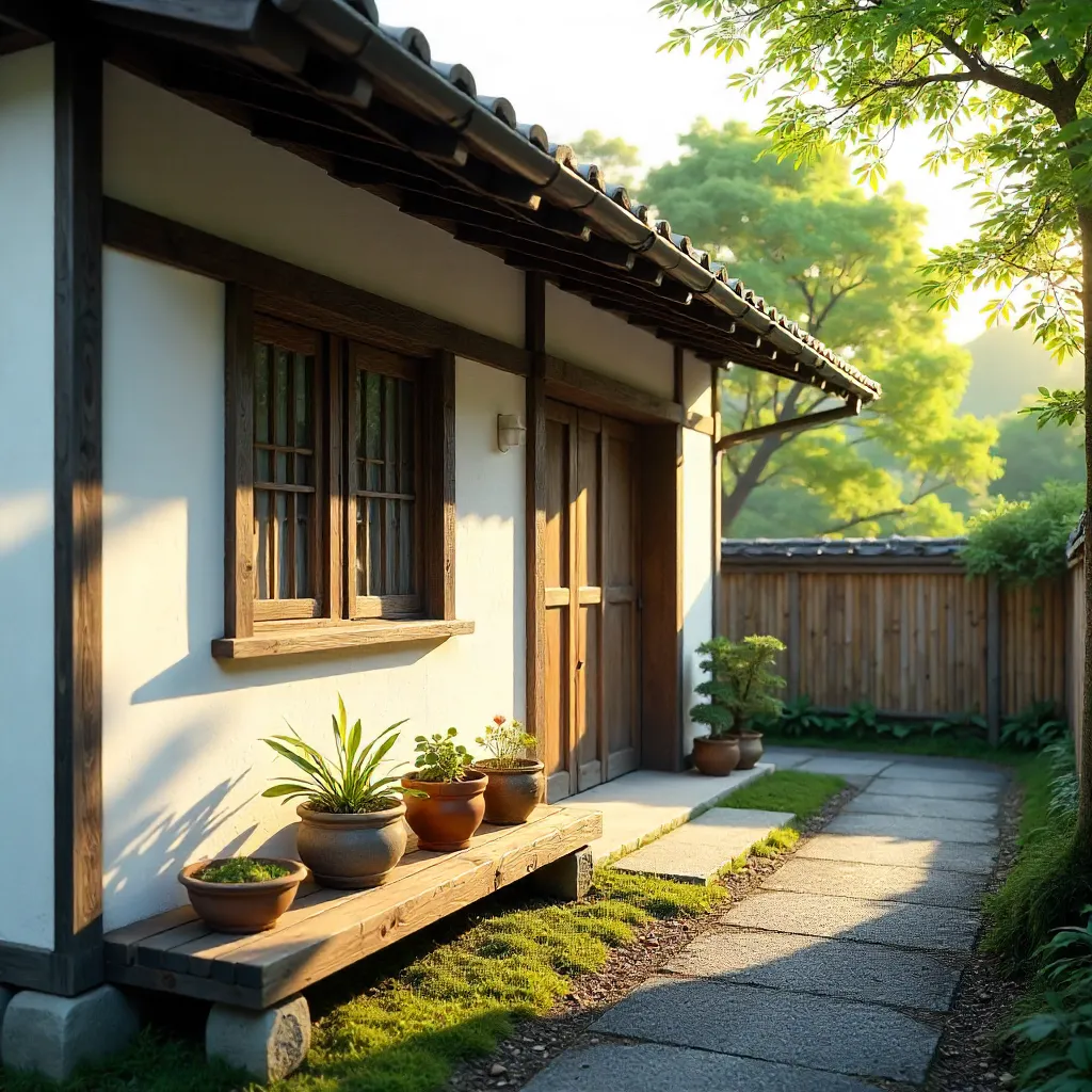 Serene Japanese House Facade with Potted Plants