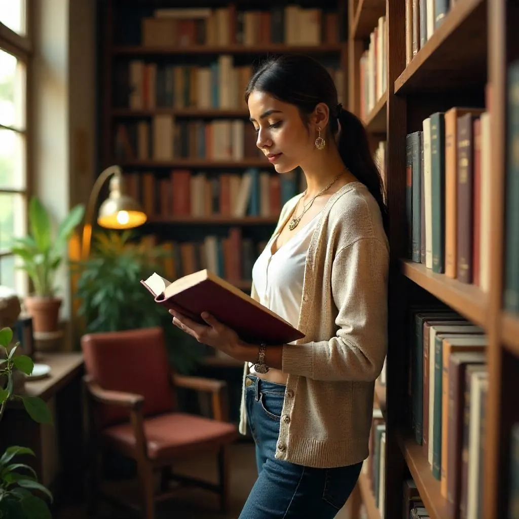 Cozy Bookstore Moment with a Young Woman