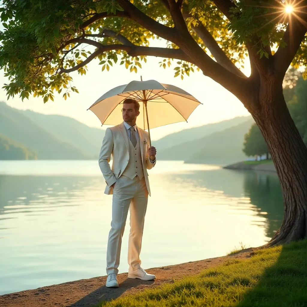White-Suited Man by a Serene Lakeside with Umbrella