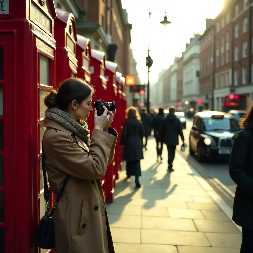 Woman Photographing on a Bustling London Street
