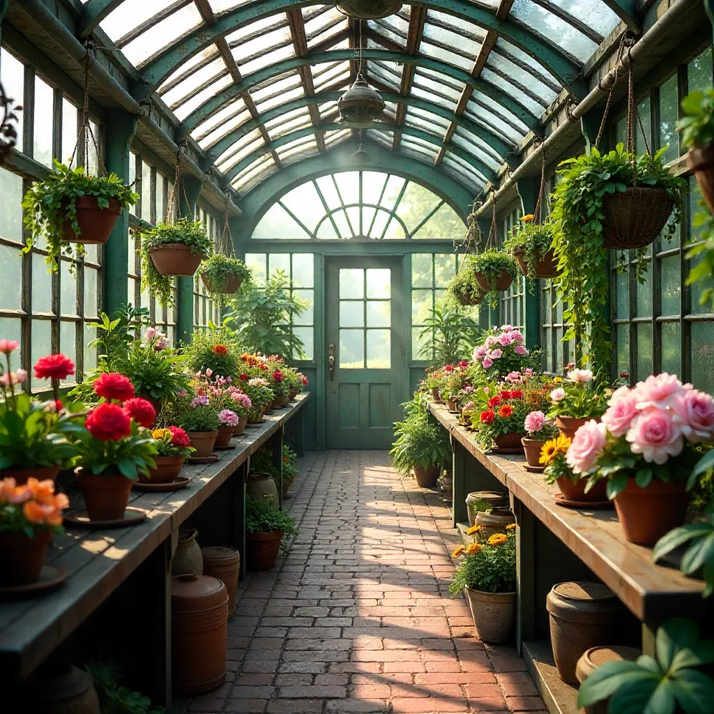Vintage Greenhouse Interior of Blooming Splendor