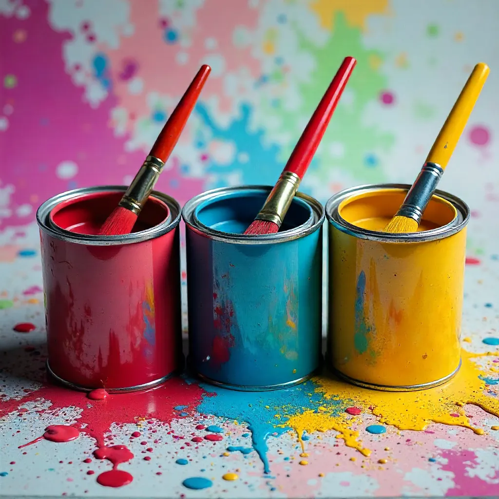 Three Colorful Cans on a Splattered Canvas