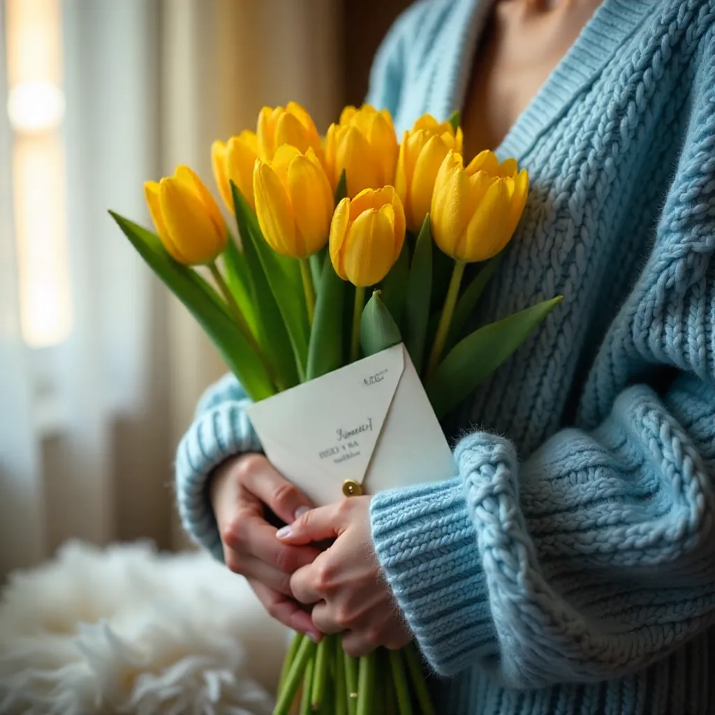 Cozy Blue Knit Sweater with Tulips and Envelope