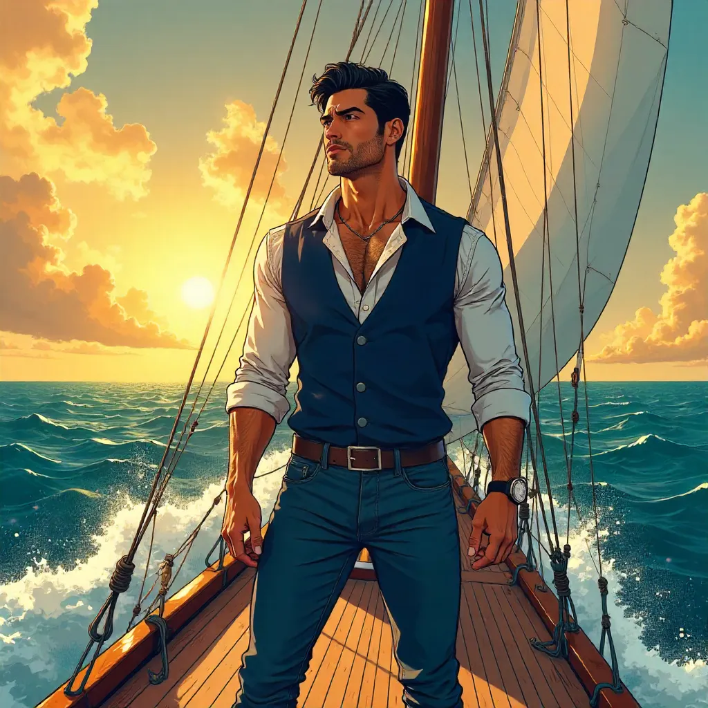 Strong Latino Sailor on a Boat in Anime Style