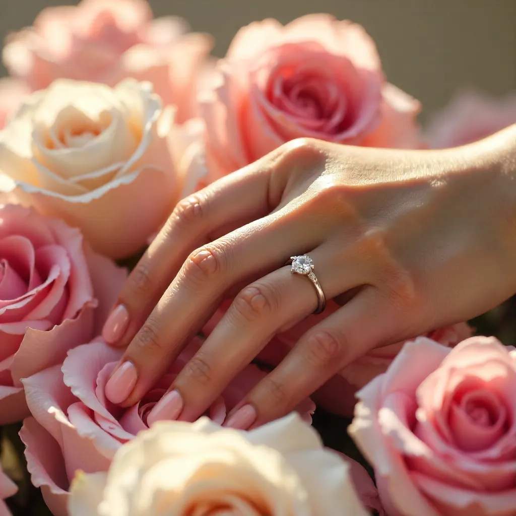 Delicate Engagement Ring on Pink and White Roses