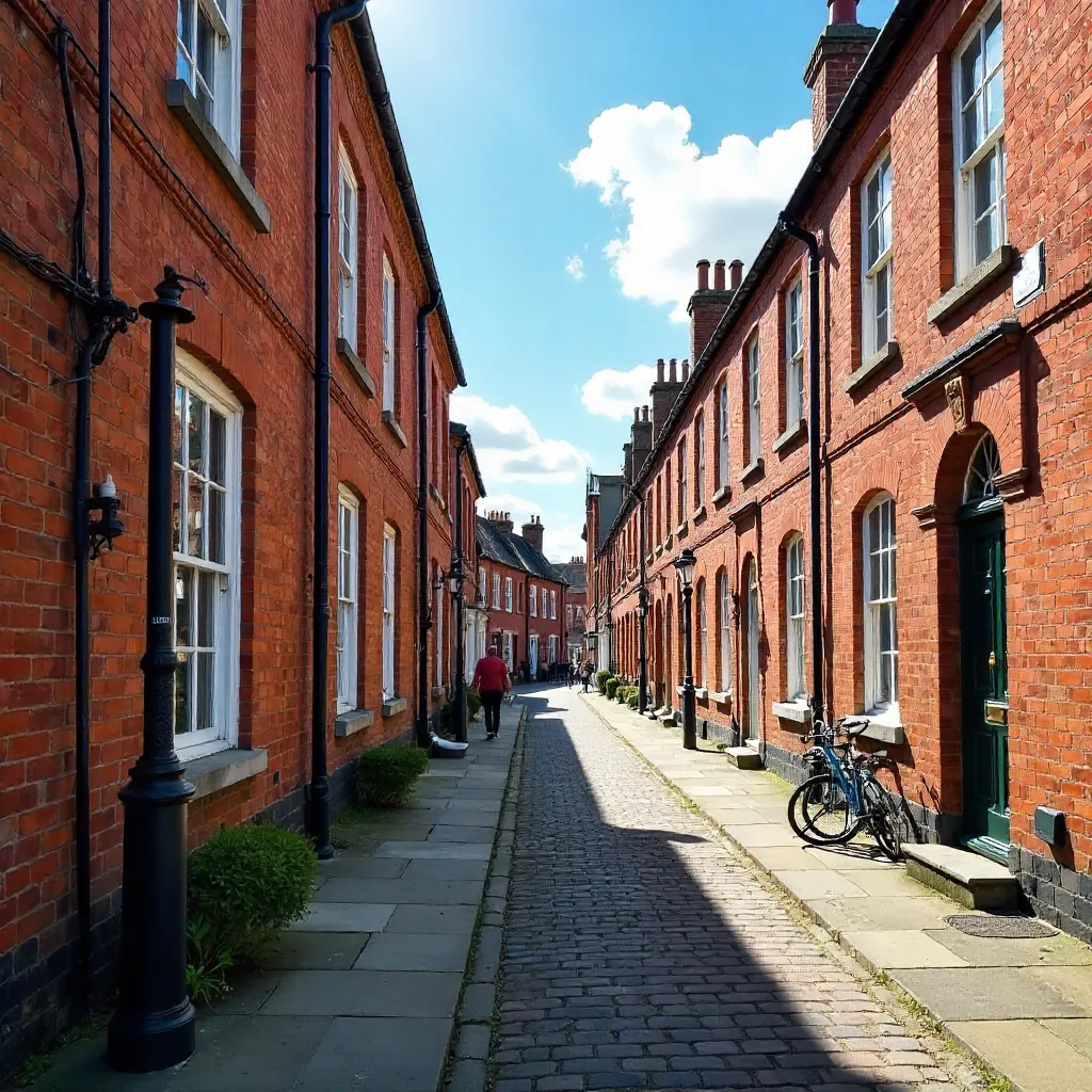 Sunny York Street: Historic Brick Facades Under Blue Sky