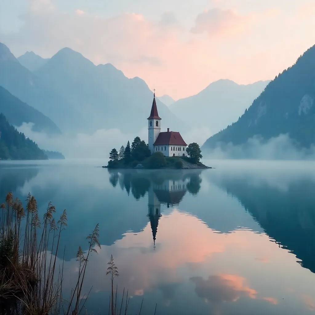 Misty Lake Bled: Island Church in Alpine Fog