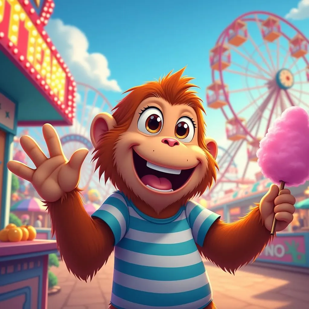 Anime Orangutan in Neon Amusement Park