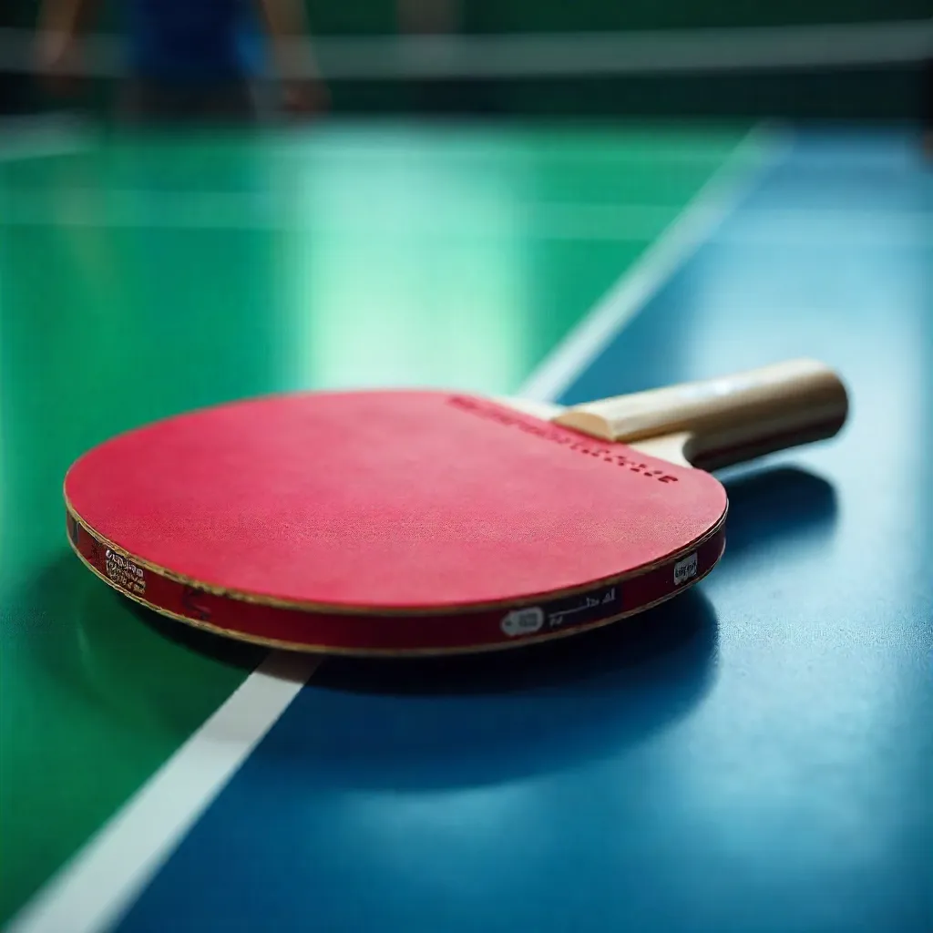 Crimson Paddle on Vibrant Green-Blue Ping Pong Table