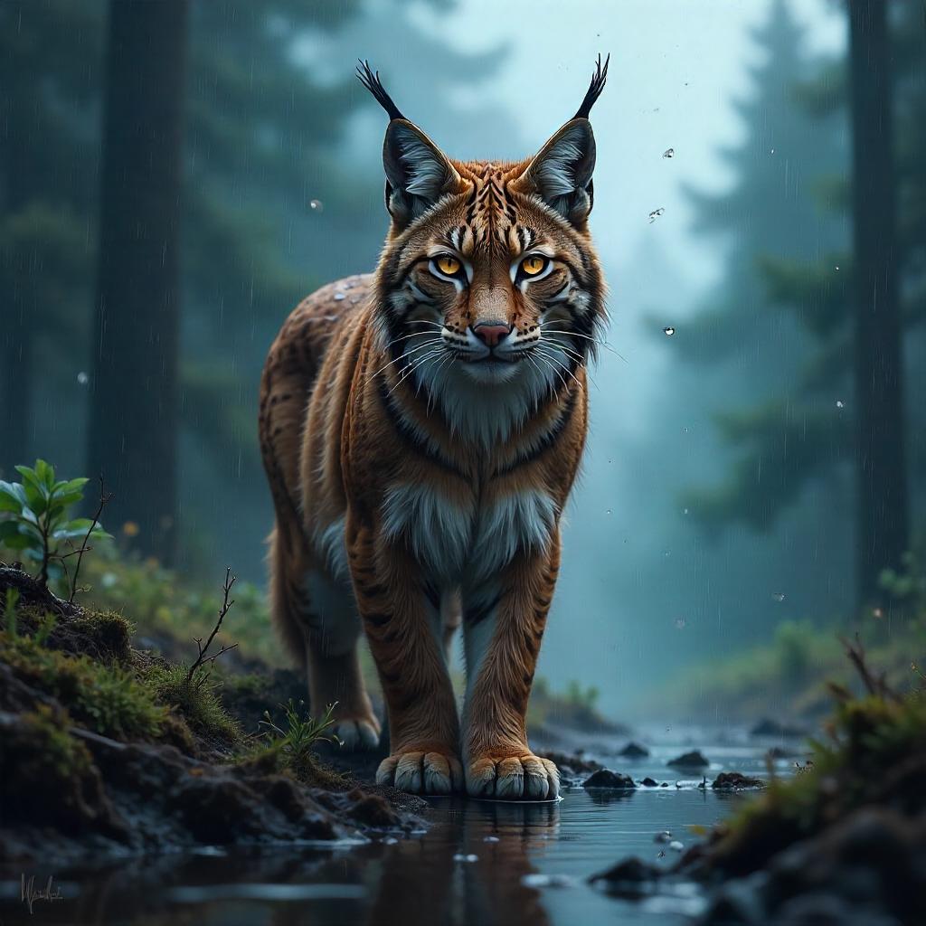 Lynx in Heavy Rain: Digital Art in Storm's Wake