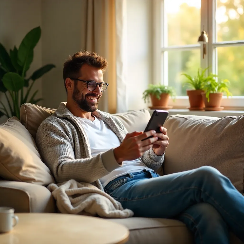 Cheerful man relaxing at home while scrolling on his phone