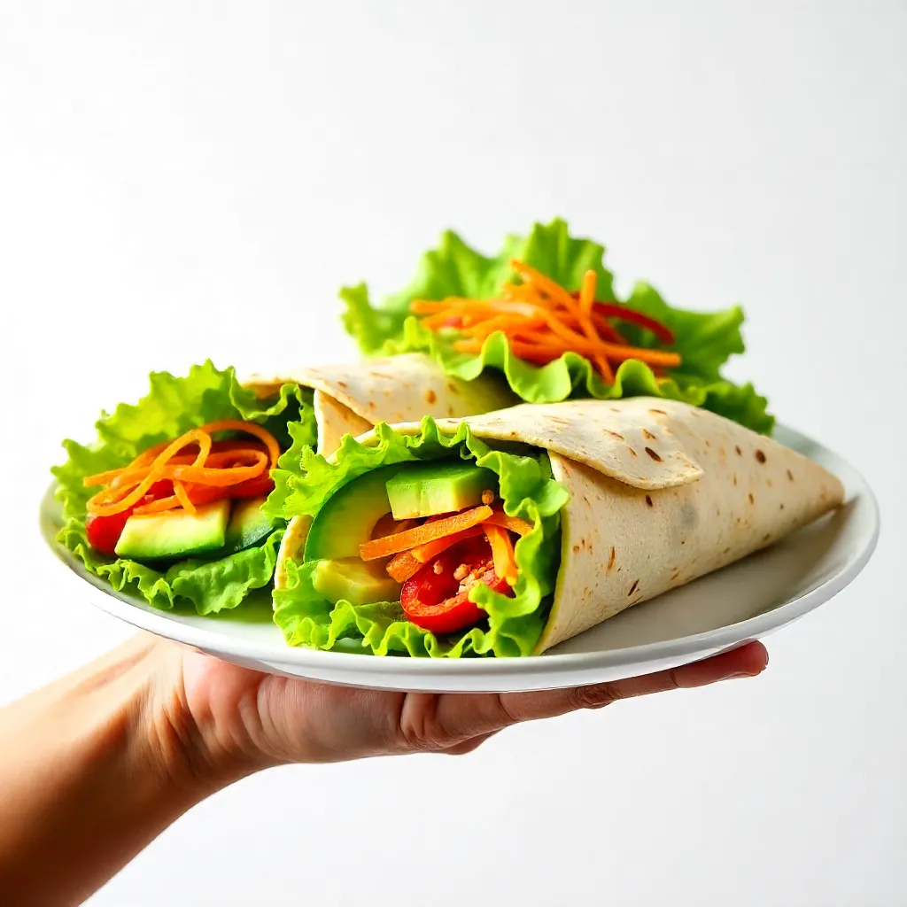 Hand with Fresh Veggie Wraps on White Background