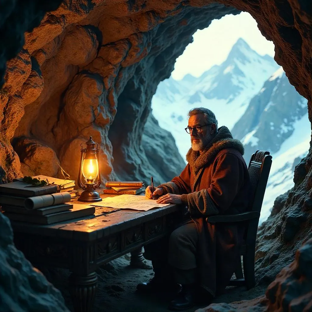 Photorealistic Scholar in a Mountain Cave