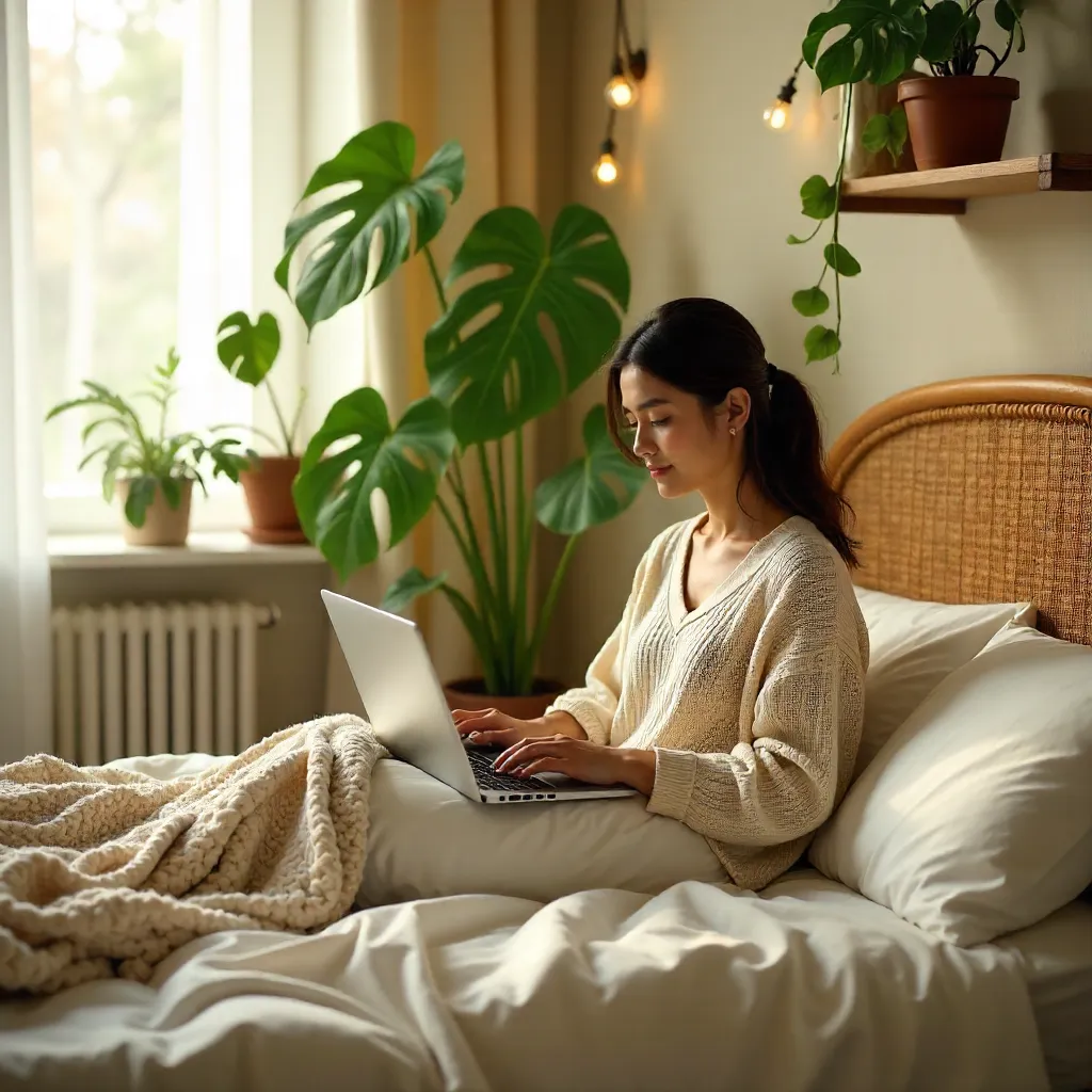 Cozy Plant-Filled Bedroom Laptop Moment