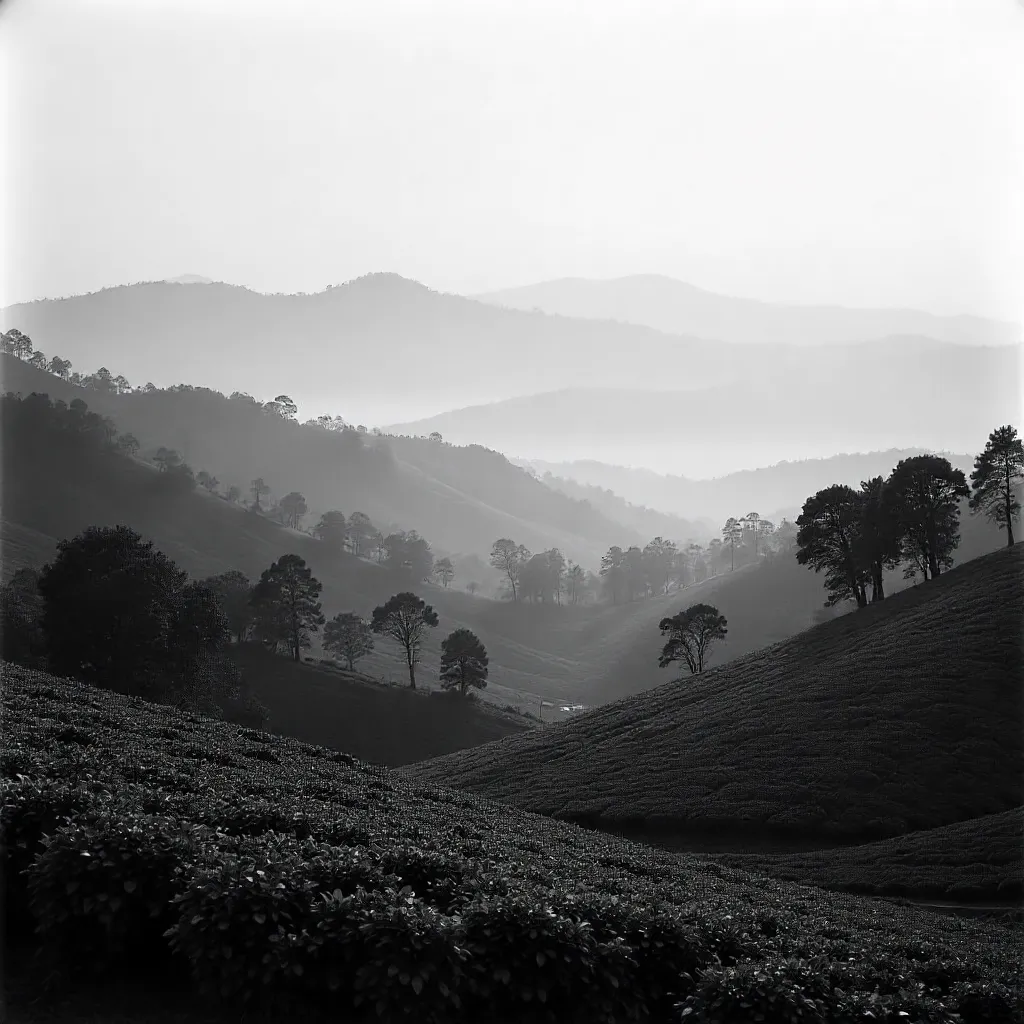 Mist-Kissed Sri Lankan Highlands in Monochrome