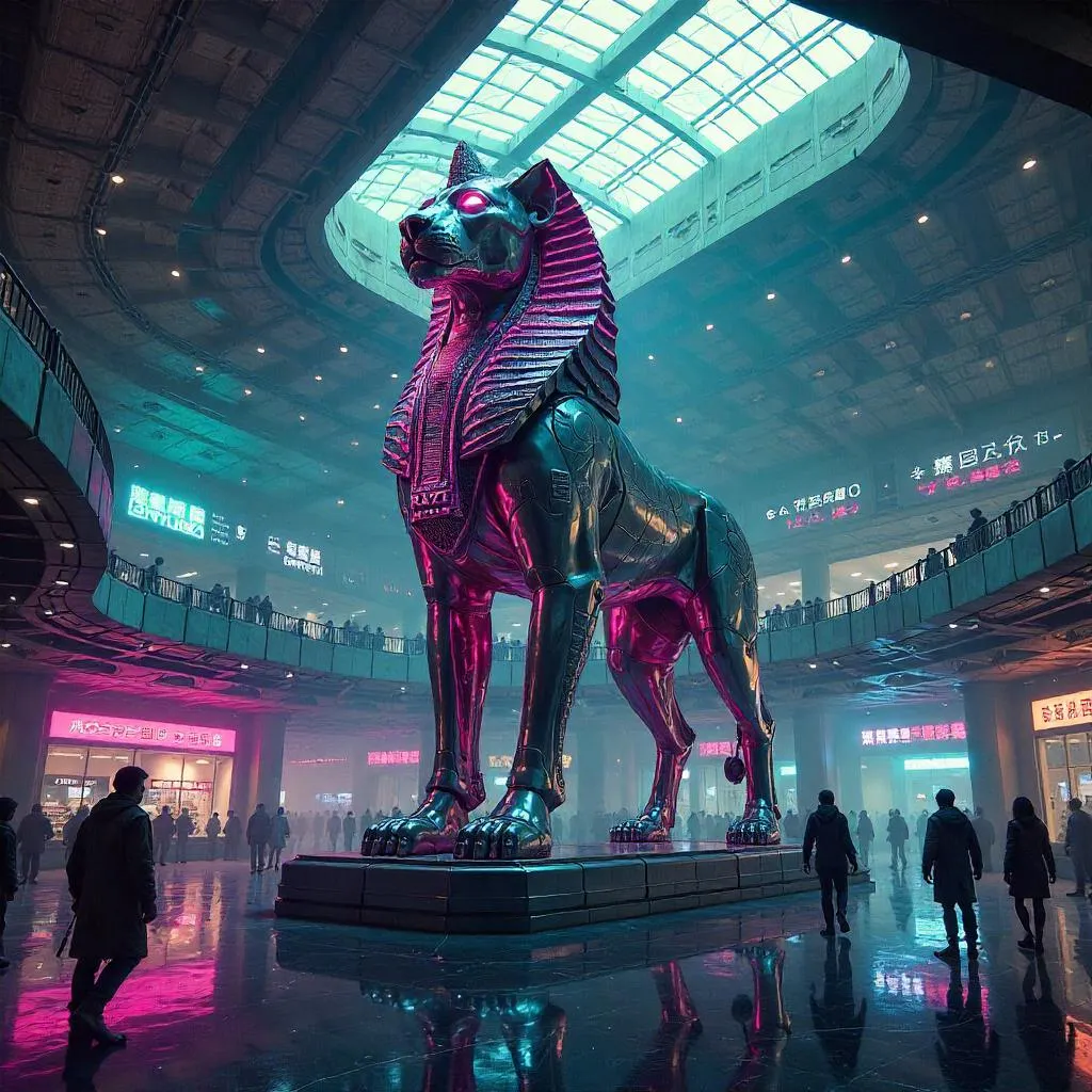 Neon Sphinx at a Cyberpunk Airport Terminal
