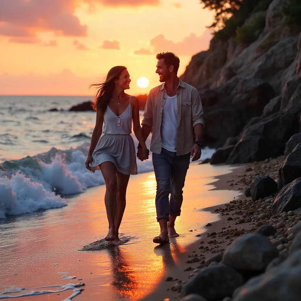 Joyful Dusk Walk Along a Rocky Shoreline