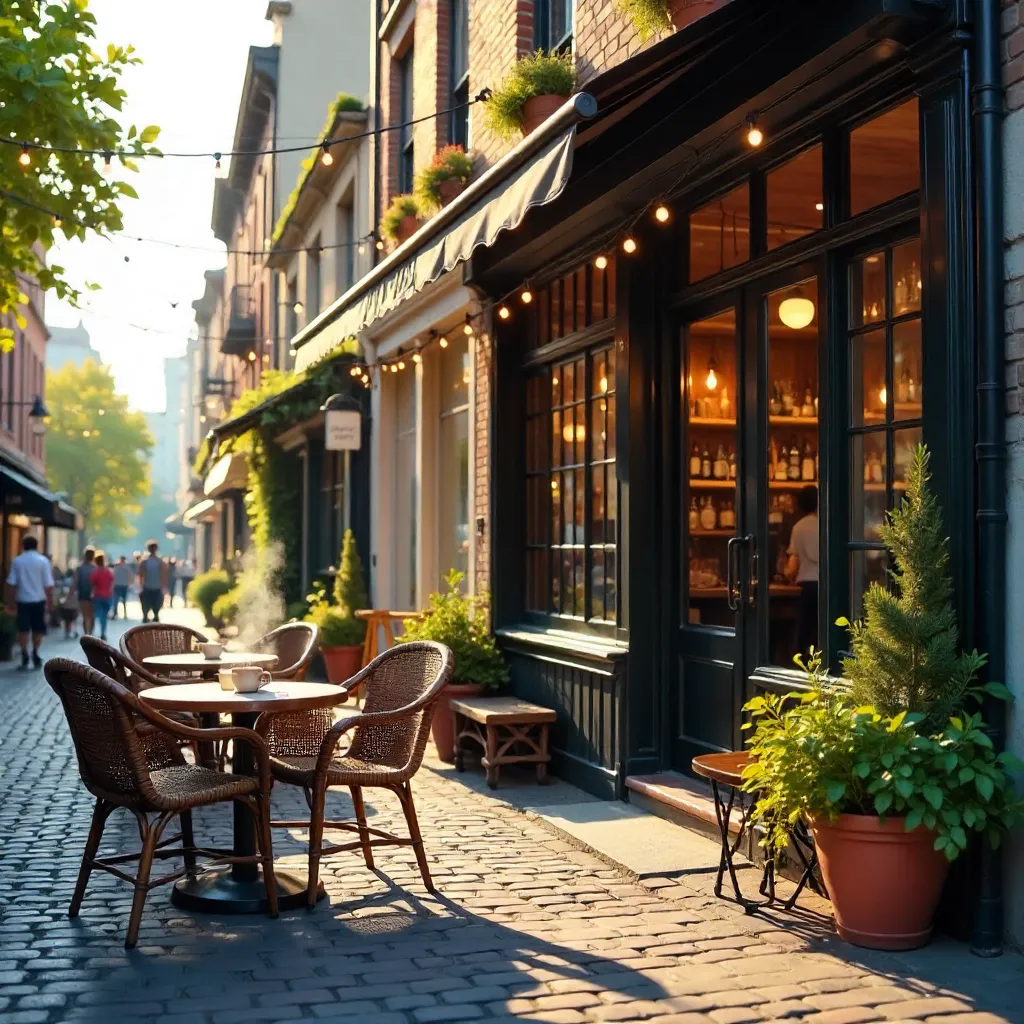 Cozy Outdoor Cafe with Wicker Chairs and Glass Facade