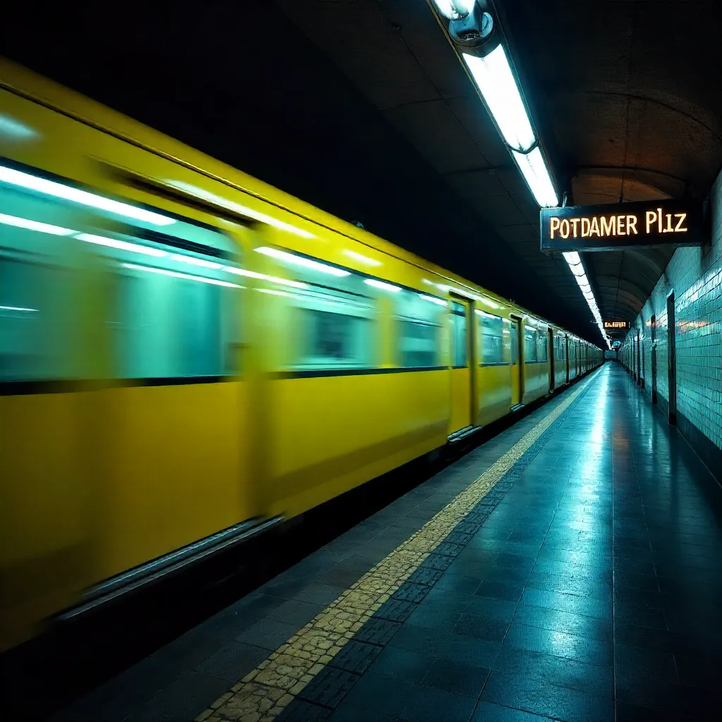 Blurred Yellow Train at Potsdamer Platz Sign