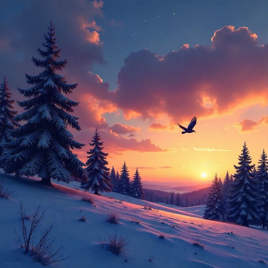 Silhouetted Trees Under a Starry Winter Sunset