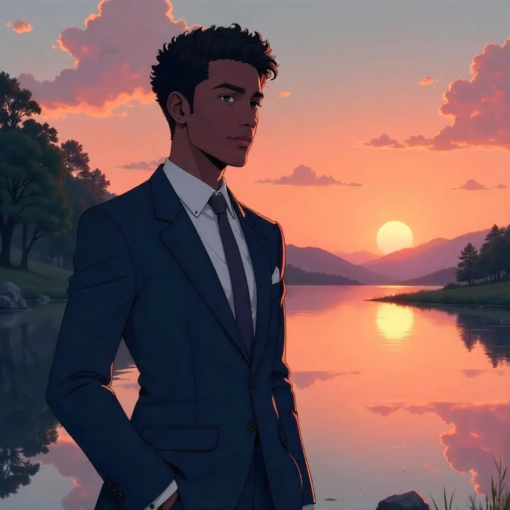 Elegant Black Man by a Lake in Anime Style