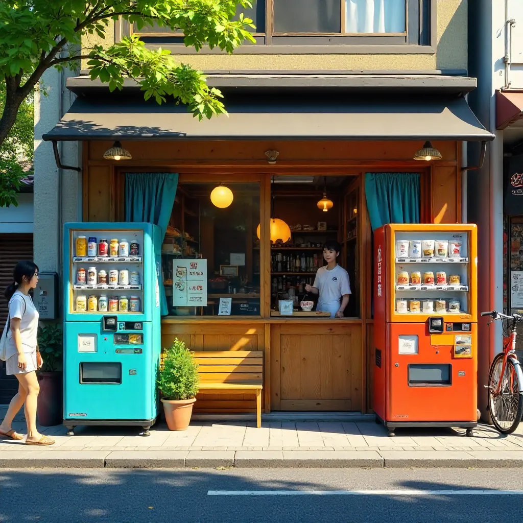 Sunny Japanese Coffee Shop by Street Vending Machines