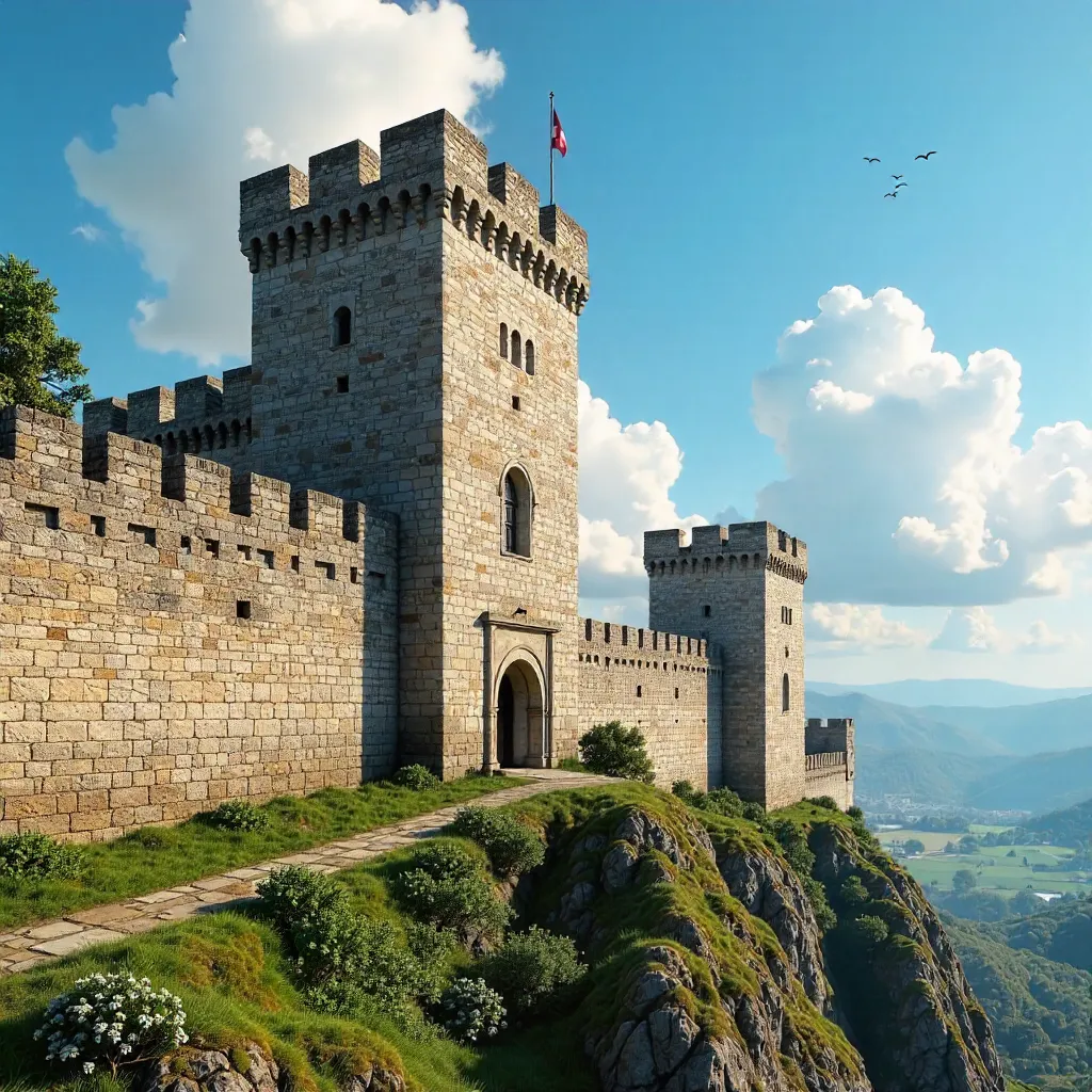 Stone Fortress Walls under a Bright Blue Sky