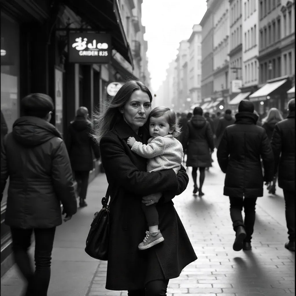 Monochrome Moment: Mother Carrying Child Through the Crowd