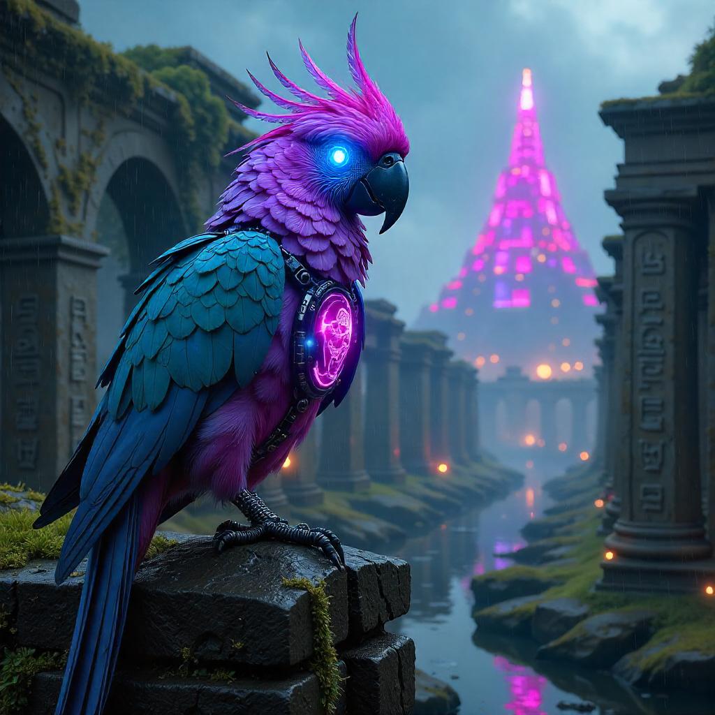 Parrot in Neon Ruins: Cyberpunk Aviator