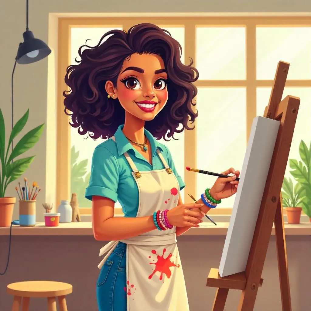 Cartoon Latina Artist in a Bright Studio