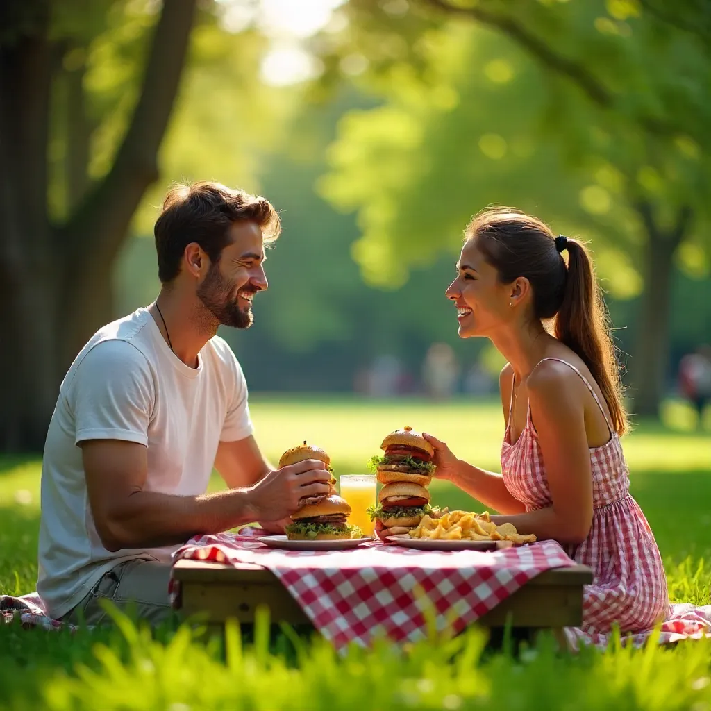 Sunny Picnic Date: Burgers Across from Each Other