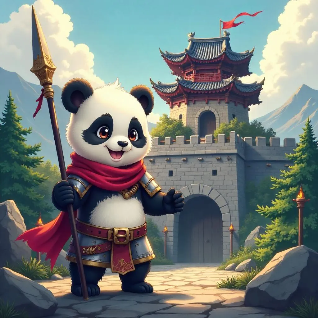 Anime Panda in a Stone Fortress at Golden Hour