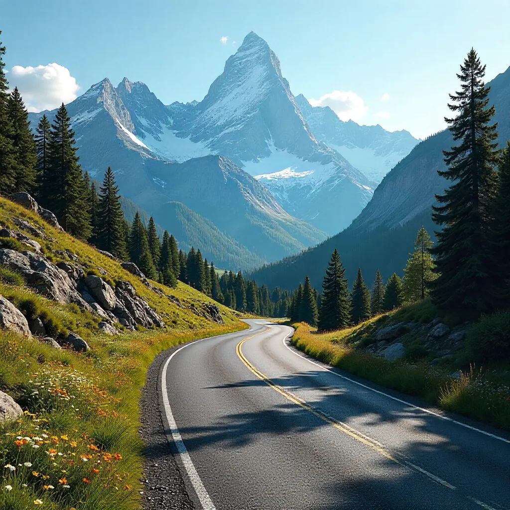 Winding Mountain Road under a Clear Blue Sky