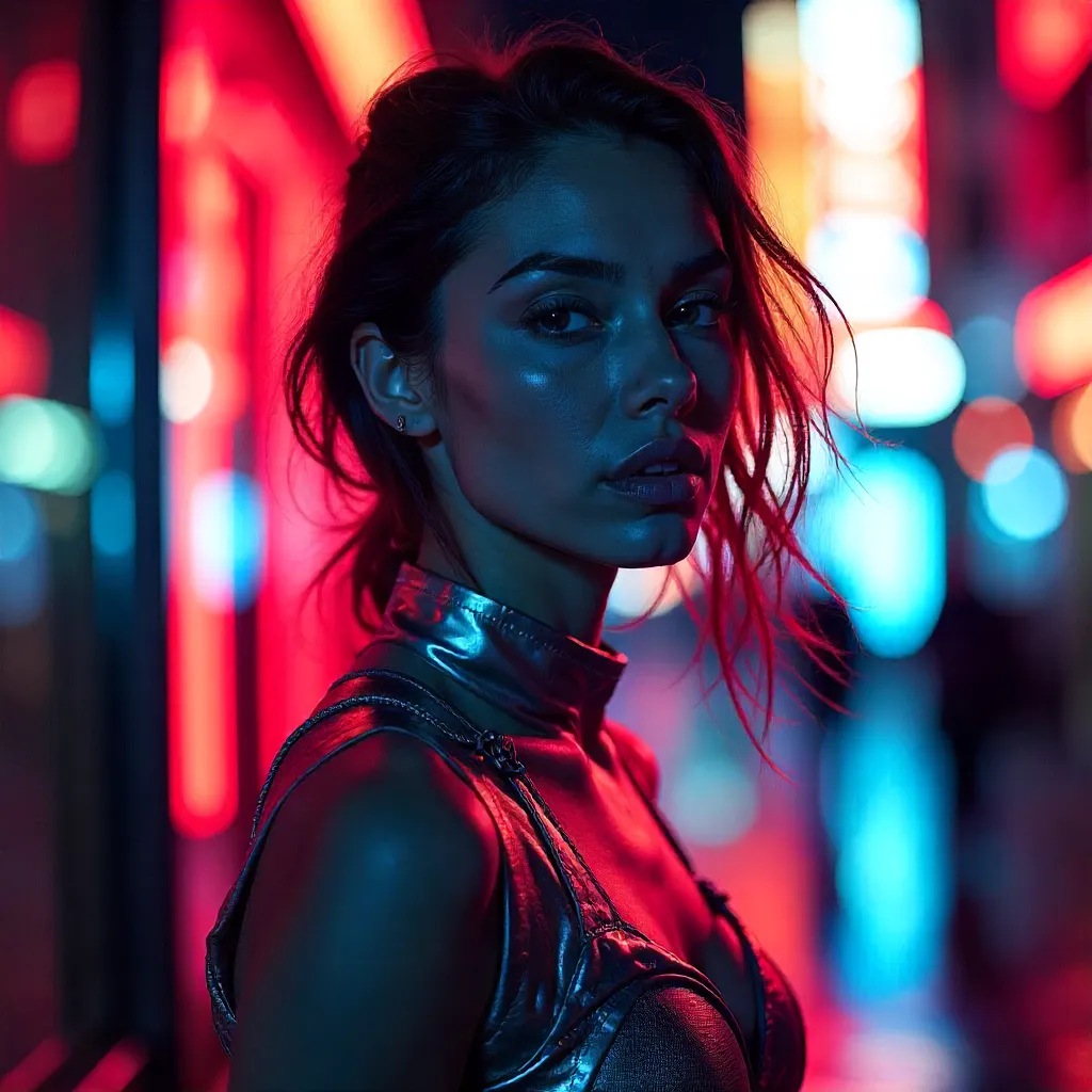 Neon Energy Portrait: Red and Blue Lights