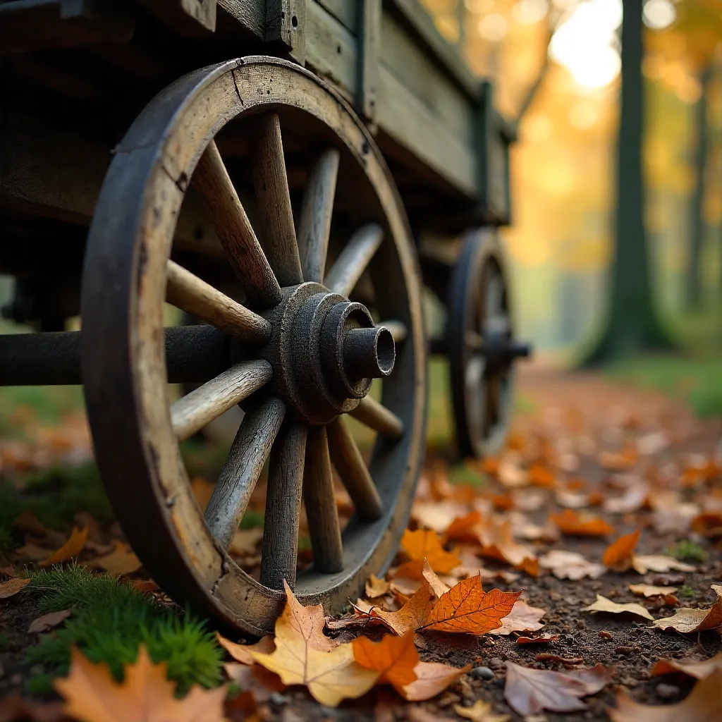 Close-Up of Rustic Cart Wheel Among Fallen Leaves