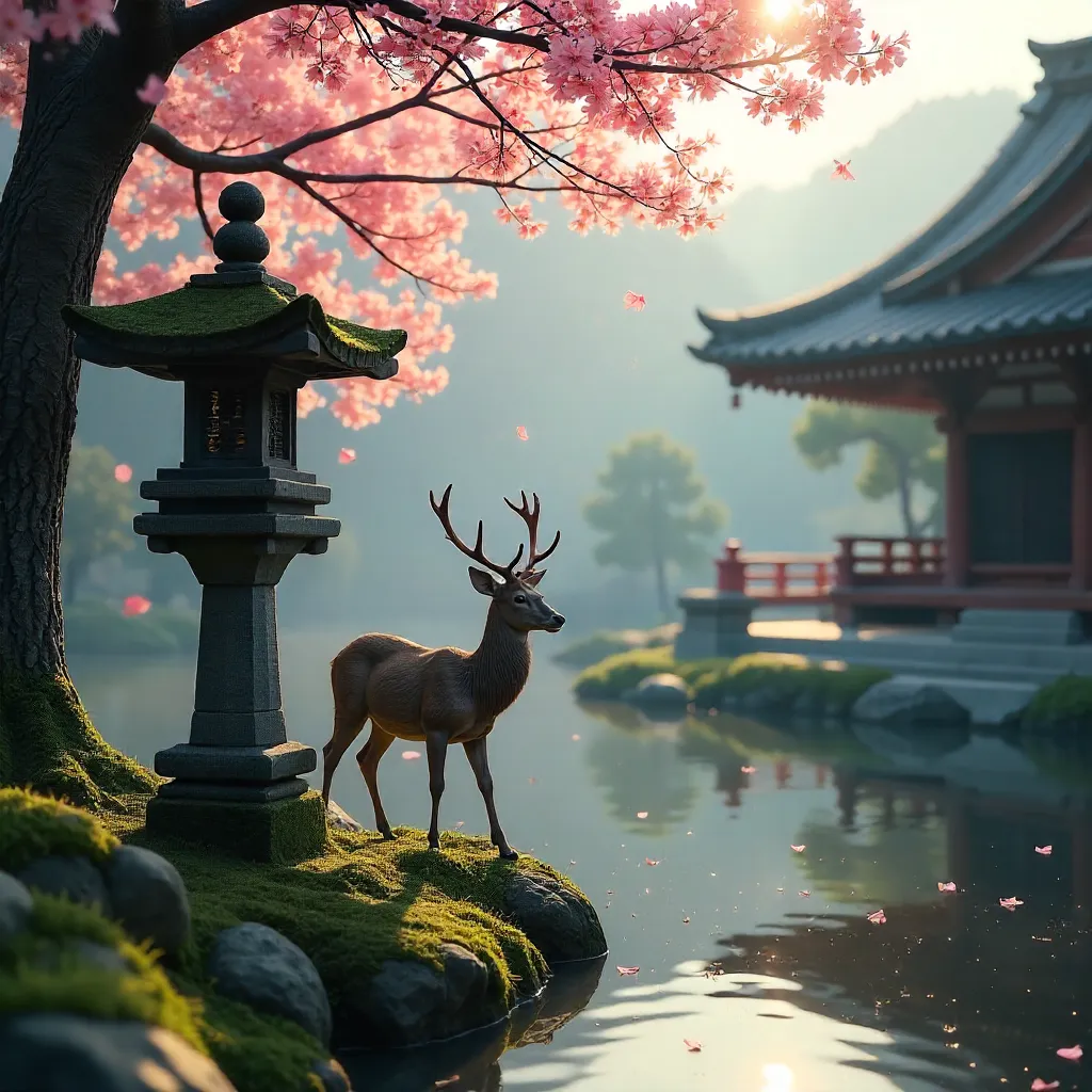 Deer near Stone Lanterns at Historic Japanese Temple