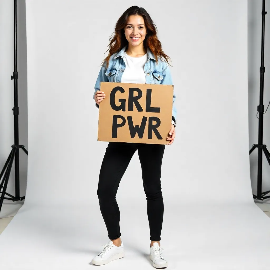 Confident Woman with GRL PWR Sign in Studio