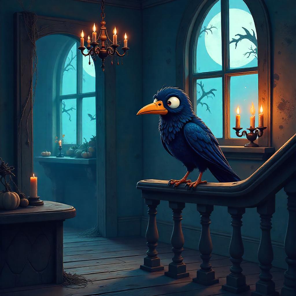 Cartoon Raven in a Haunted House